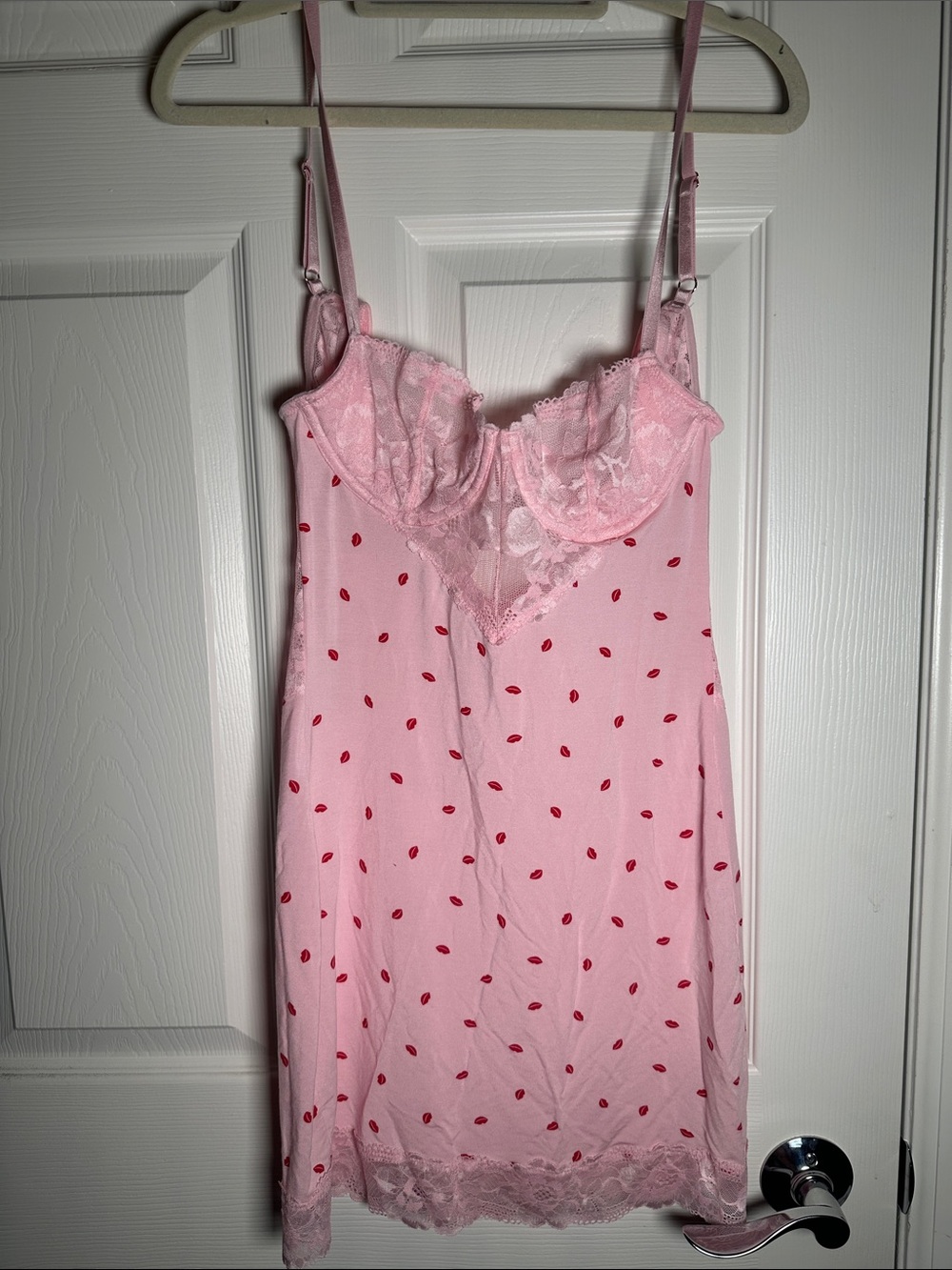 Victorias Secret  Pink Lace-Trim Slip Dress with‎ Red Lip Print